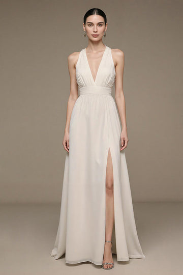V-Neck Ivory A Line Long Formal Dress with Slit